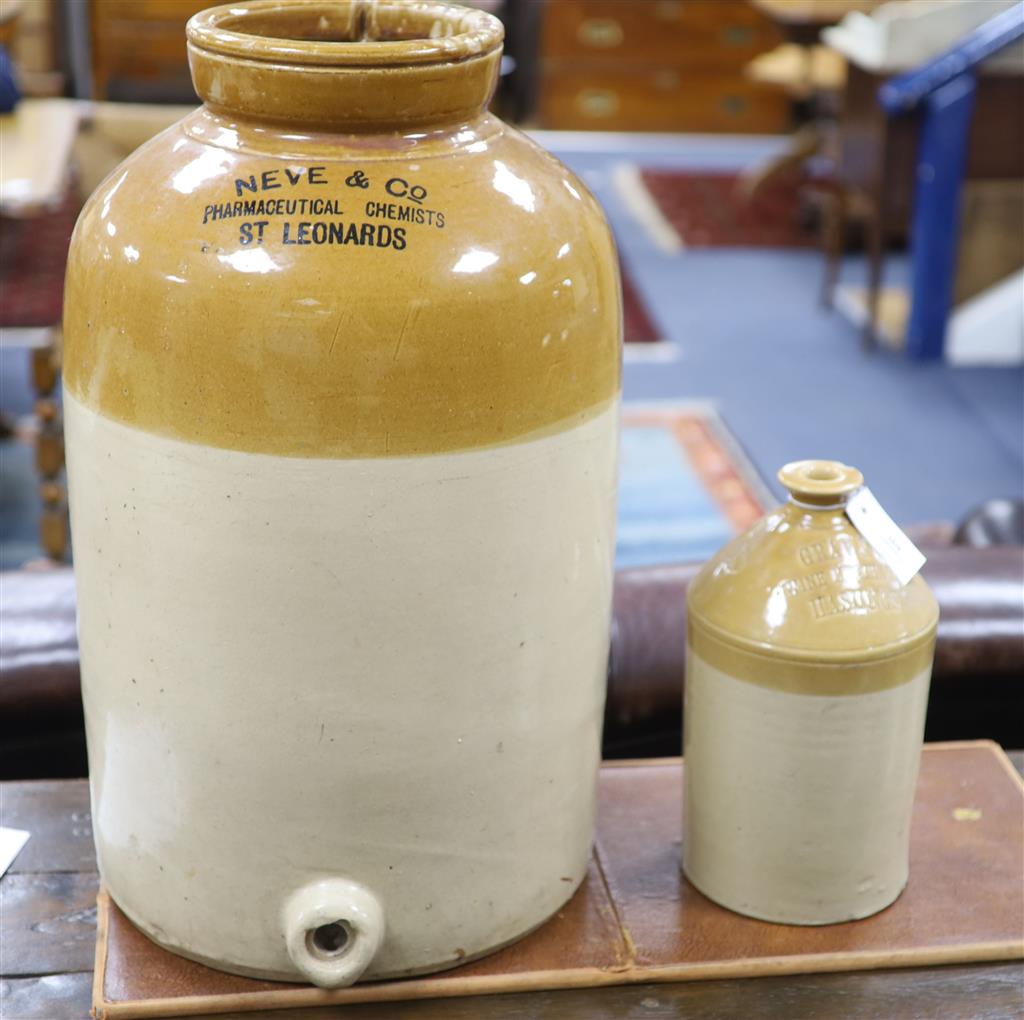 Hastings and St Leonards; a large stoneware pharmacy container and a smaller jar.